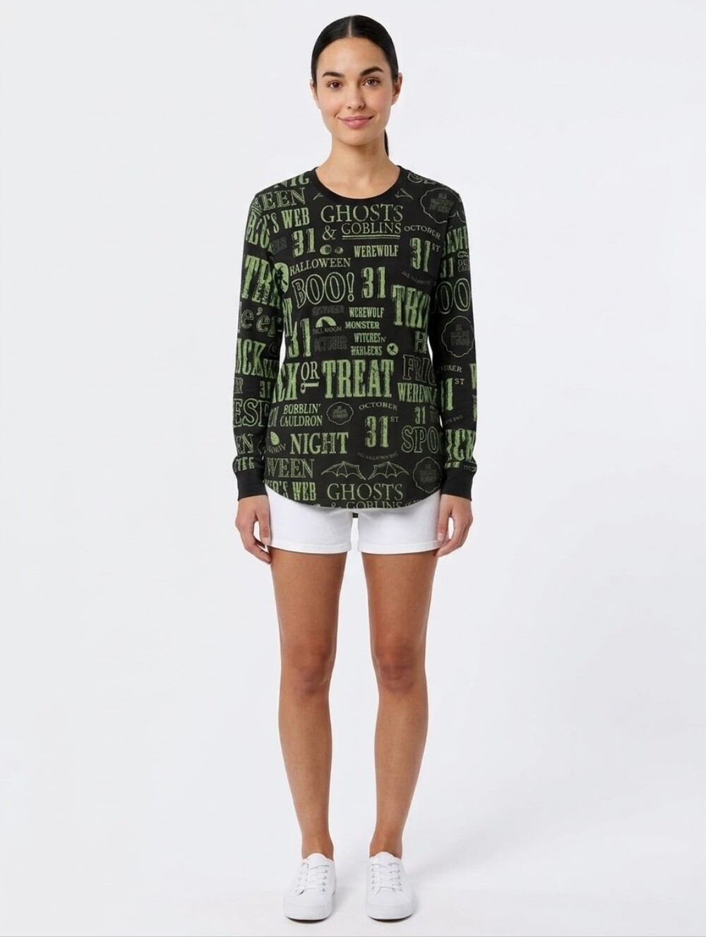 Unbranded Women’s Black & Green Halloween Graphic Long Sleeve Top Up To Sixe 3XL